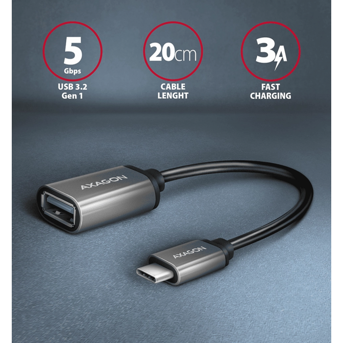 Адаптер AXAGON RUCM-AFAC USB-C-USB-A кабель 20см, Сірий