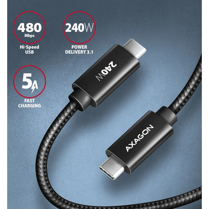 Кабель AXAGON BUCM2-CM25AB USB-C-USB-C 2.0, 2.5м, PD 240W 5A, Чорний