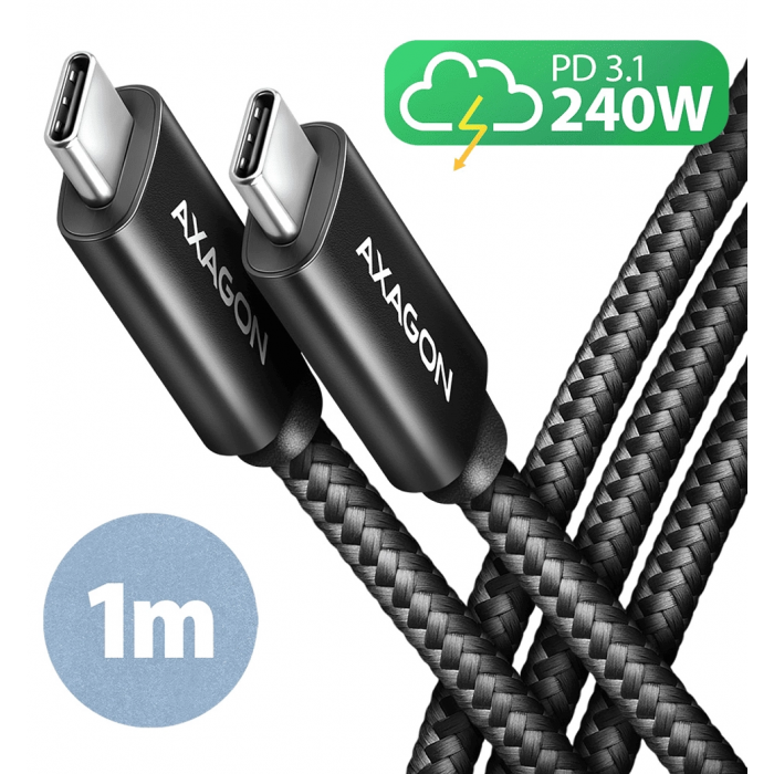 Кабель AXAGON BUCM2-CM10AB USB-C USB-C 2.0, 1м, PD 240W 5A, Чорний
