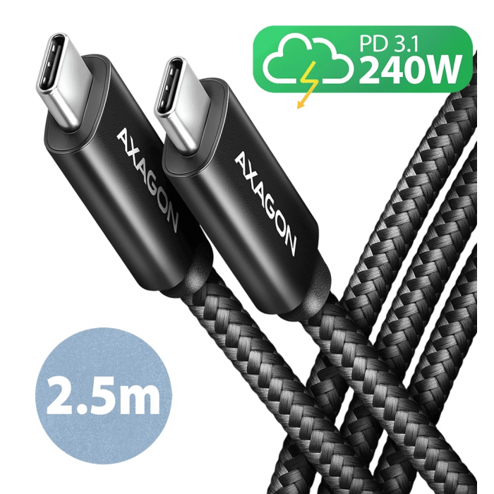 Кабель AXAGON BUCM2-CM25AB USB-C-USB-C 2.0, 2.5м, PD 240W 5A, Чорний