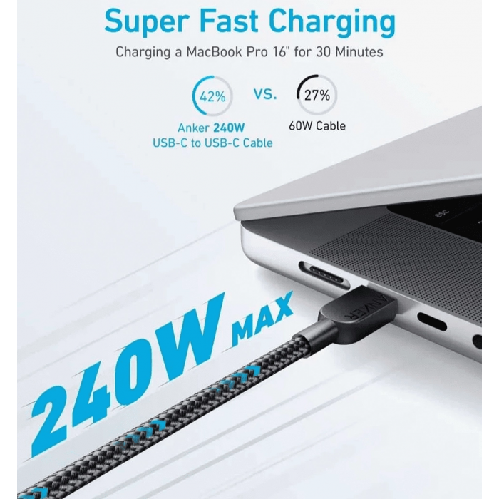 Кабель ANKER 310 USB-C to USB-C - 1.8m 240W Nylon (Чорний)
