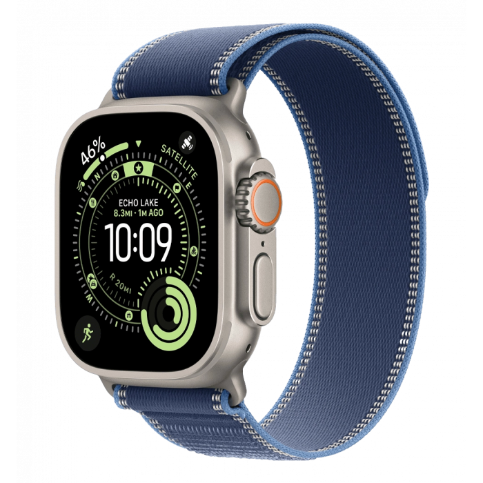 Apple Watch Ultra 3 GPS + Cellular 49mm Natural Titanium Case with Blue/Bright Blue Trail Loop - S/M (MEWR4)