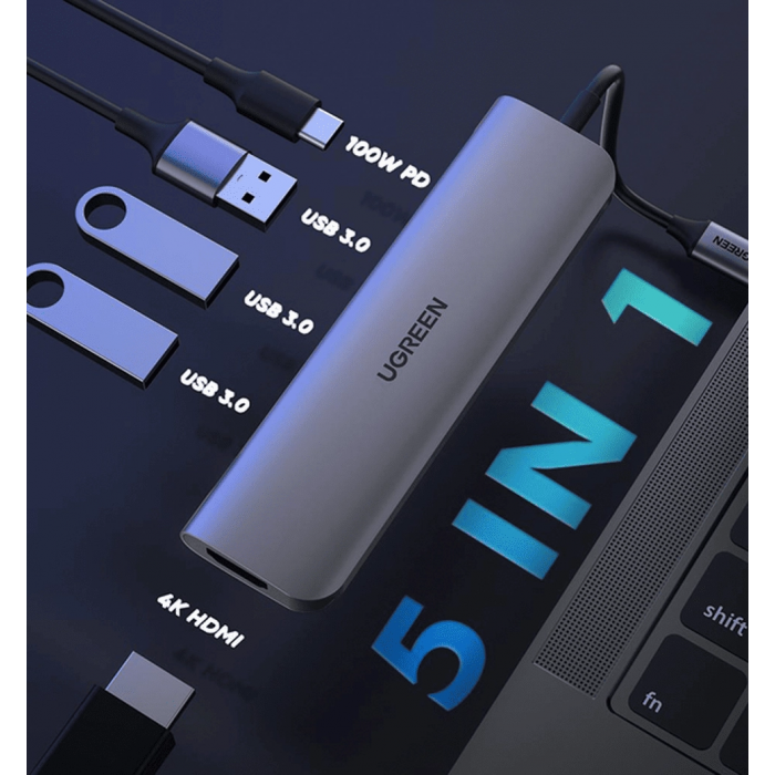Хаб UGREEN CM136 5-in-1 USB Type-C to HDMI + 3xUSB 3.0 + PD Power Converter Space Gray (50209)