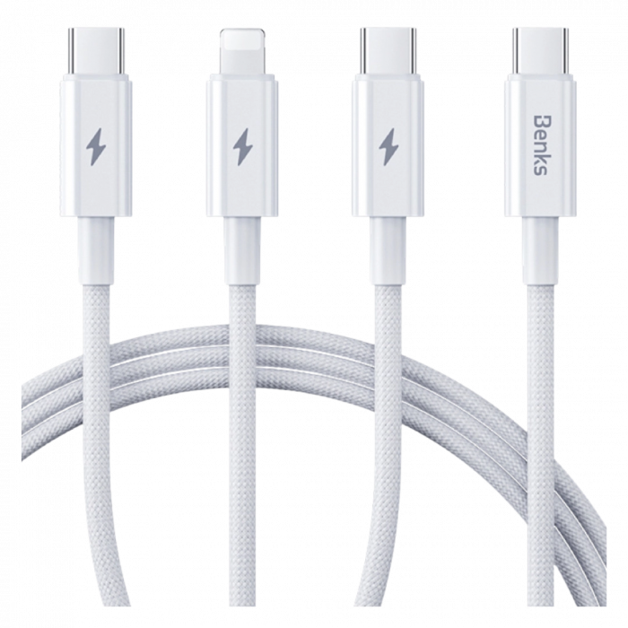 Кабель Benks D46 3in1 USB A toType-C*2 ,Lighting White (60W)