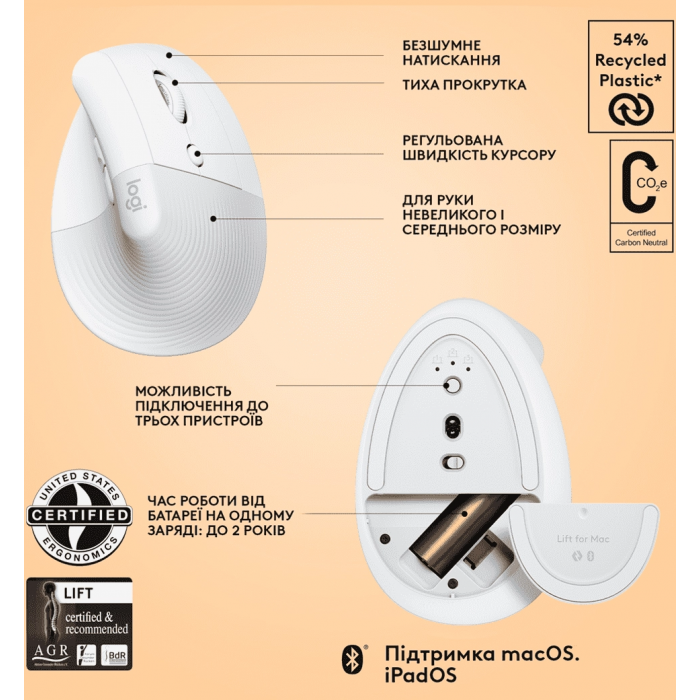 Mouse LOGITECH Lift for Mac Vertical Ergonomic, Off-White/Pale Gray (910-006477)