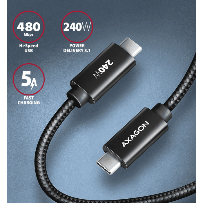 Кабель AXAGON BUCM2-CM20AB USB-C-USB-C 2.0, 2м, PD 240W 5A, Чорний